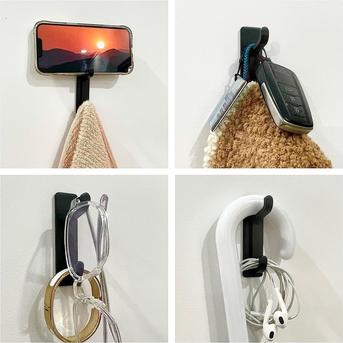 Black Towel Hooks - Set of 6 - Self-Adhesive Wall Hooks - No Drilling Required - For Bathroom & Kitchen