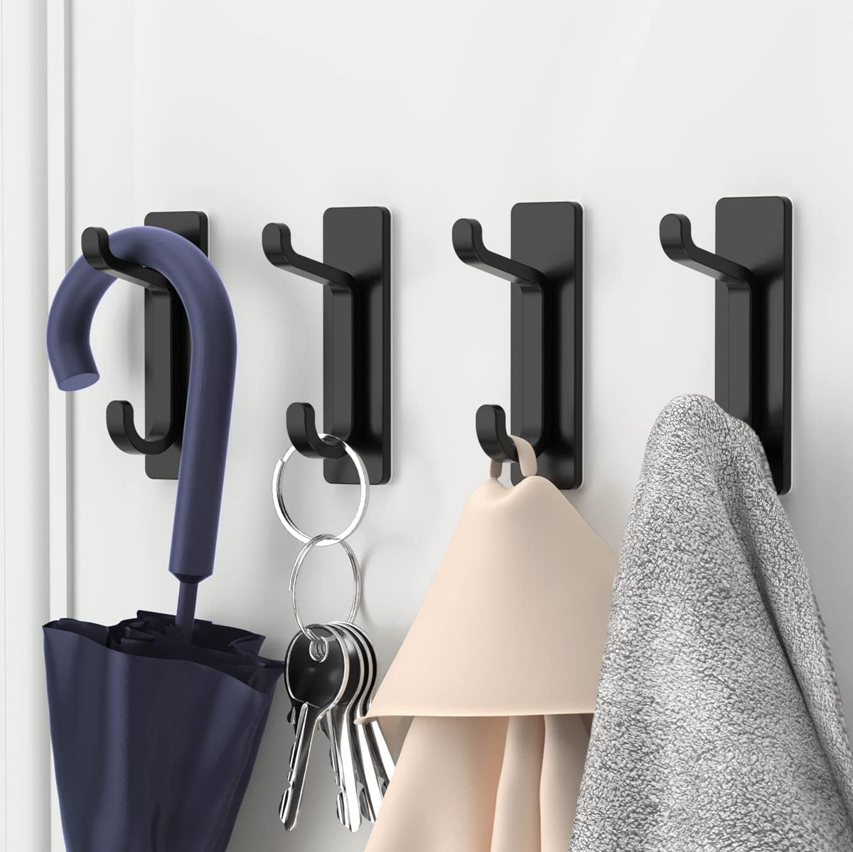 Black Towel Hooks - Set of 6 - Self-Adhesive Wall Hooks - No Drilling Required - For Bathroom & Kitchen