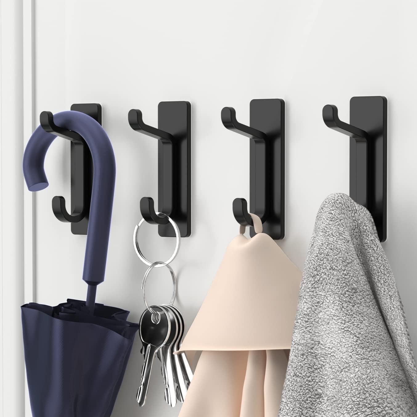 Black Towel Hooks - Set of 4 - Self-Adhesive Wall Hooks - No Drilling Required - For Bathroom & Kitchen