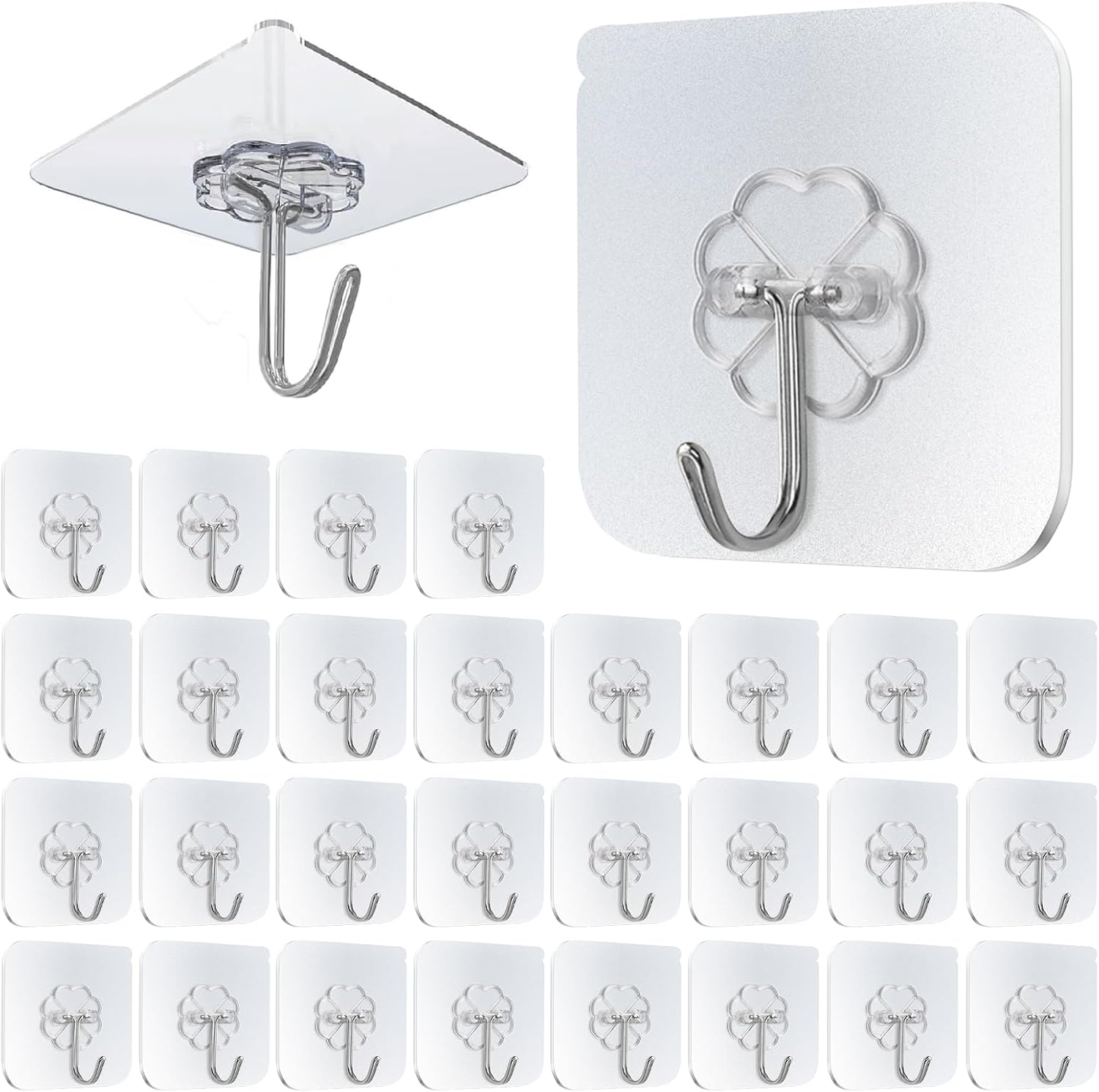 Self-Adhesive Hooks Transparent - Set of 30 - Wall Hooks No Drilling - For Bathroom & Kitchen