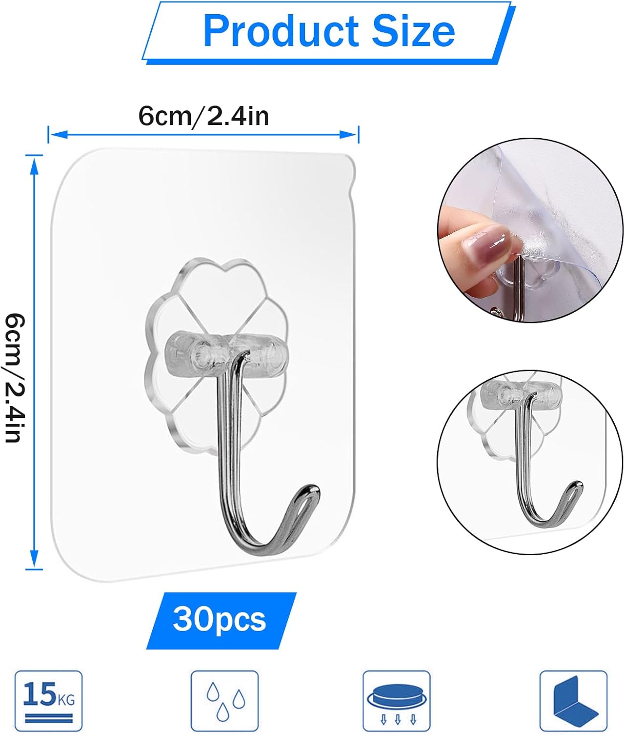 Self-Adhesive Hooks Transparent - Set of 30 - Wall Hooks No Drilling - For Bathroom & Kitchen