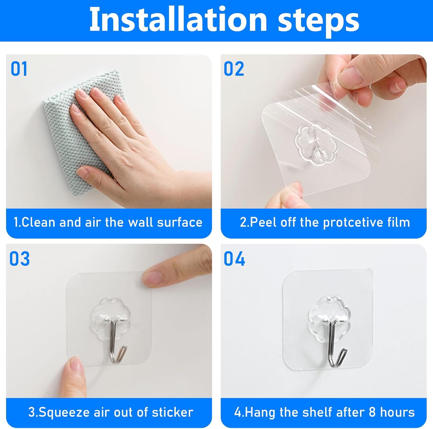 Self-Adhesive Hooks Transparent - Set of 30 - Wall Hooks No Drilling - For Bathroom & Kitchen