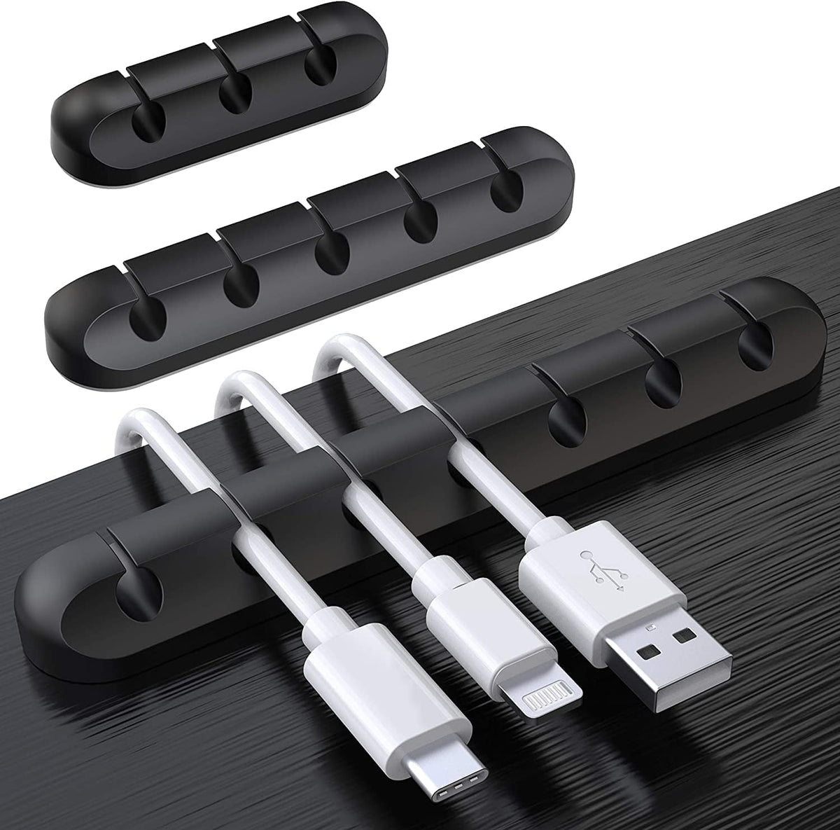 Black Cable Clips - Set of 3 - Self-Adhesive Cable Holders - Cable Management for Desk &amp; Office