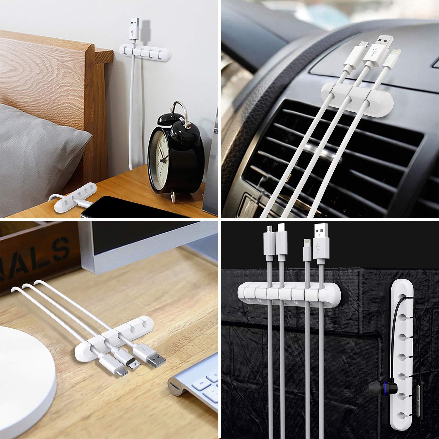 White Cable Clips - Set of 3 - Self-Adhesive Cable Holders - Cable Management for Desk & Office