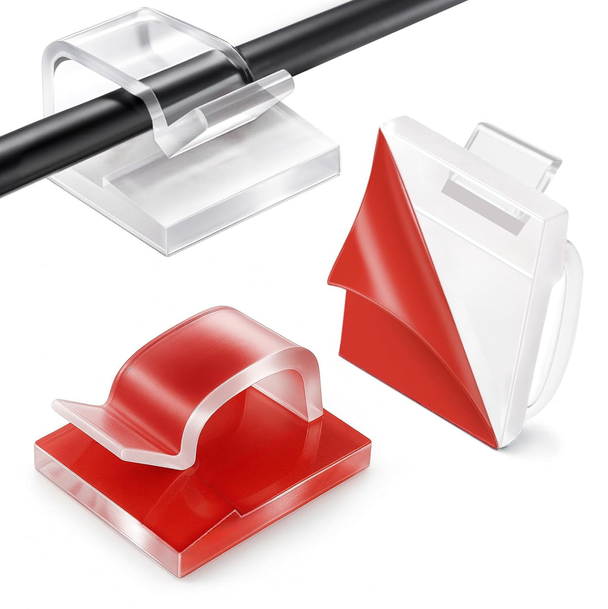 Cable Clips Transparent Red - Set of 60 - Self-Adhesive Cable Holders - For Christmas Lights &amp; Cable Management - Indoor &amp; Outdoor