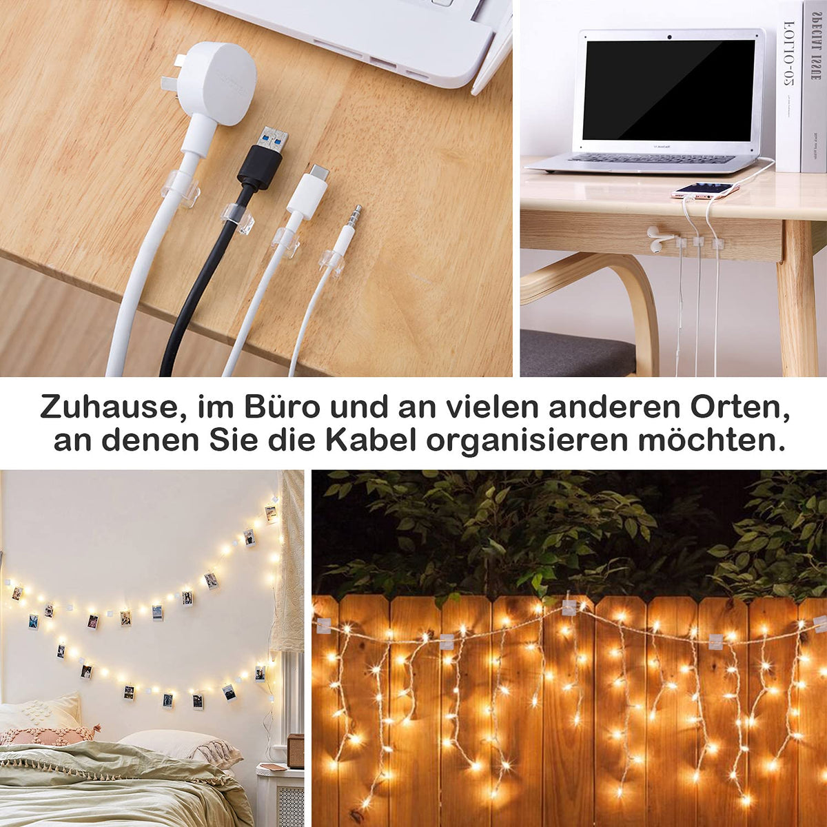 Black Cable Clips - Set of 60 - Self-Adhesive Cable Holders - Cable Management for Desk & TV - No Drilling Required