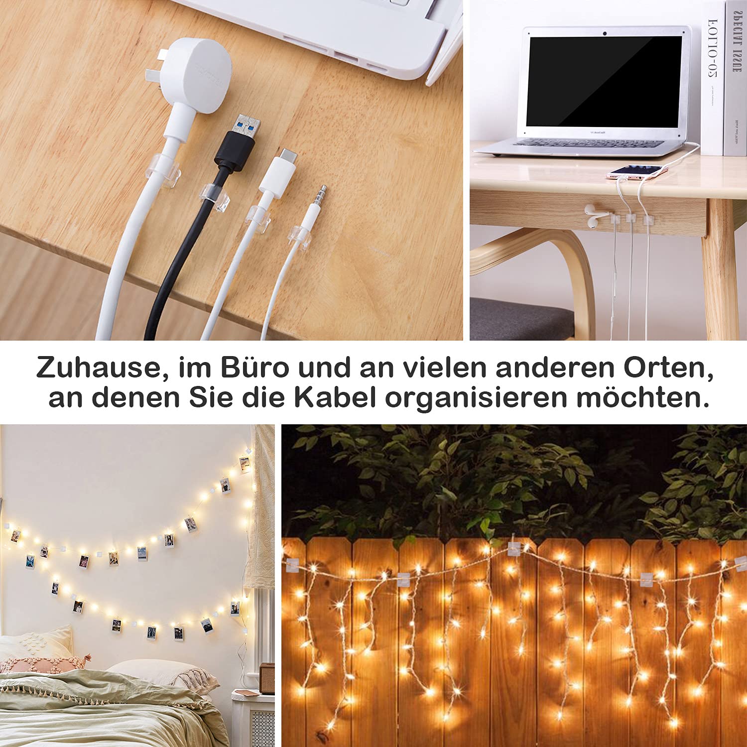 Black Cable Clips - Set of 60 - Self-Adhesive Cable Holders - Cable Management for Desk & TV - No Drilling Required