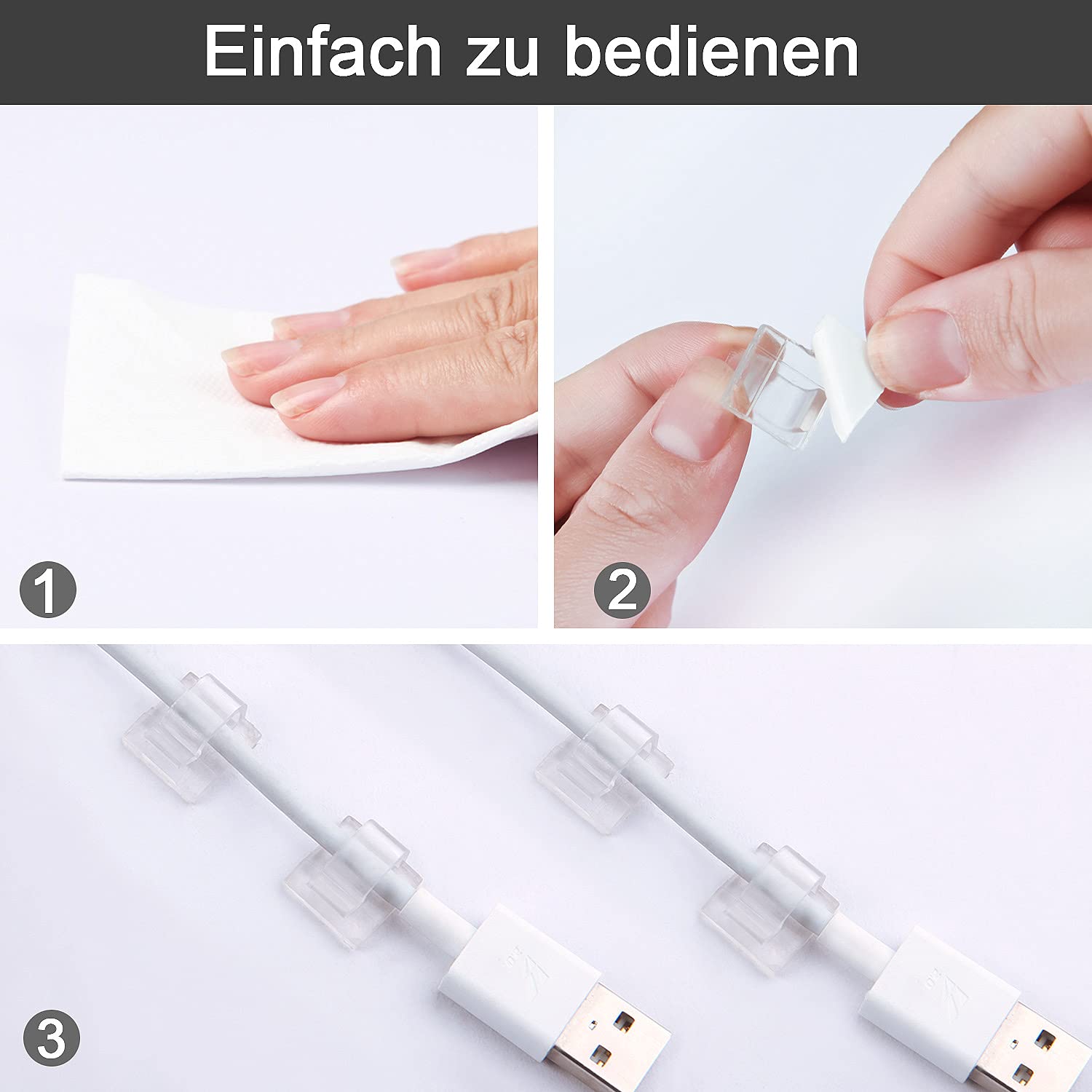 Black Cable Clips - Set of 60 - Self-Adhesive Cable Holders - Cable Management for Desk & TV - No Drilling Required