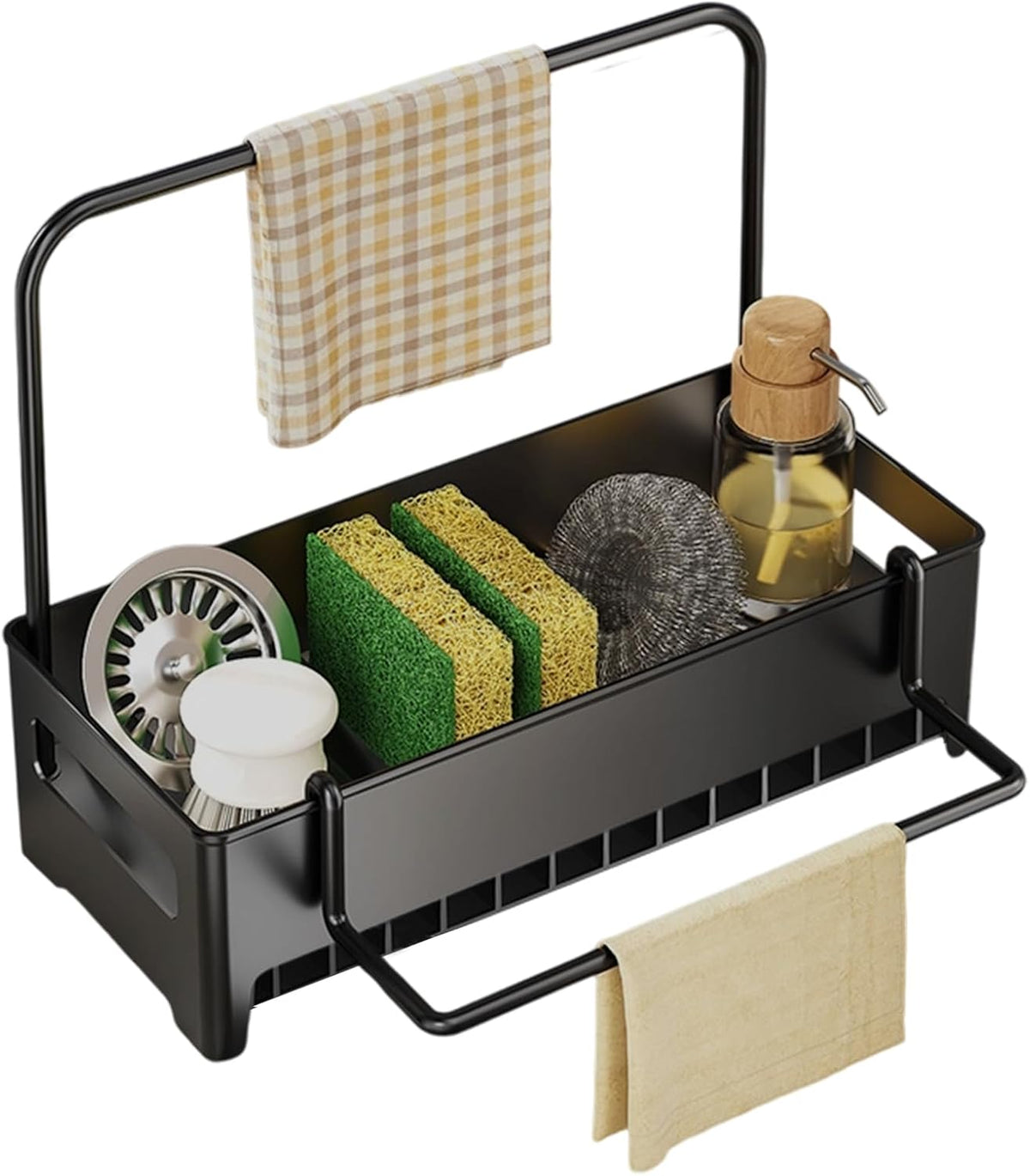 Sink Organizer with Towel Rack - Sponge Holder Kitchen - Countertop Storage Rack - For Sponges &amp; Brushes