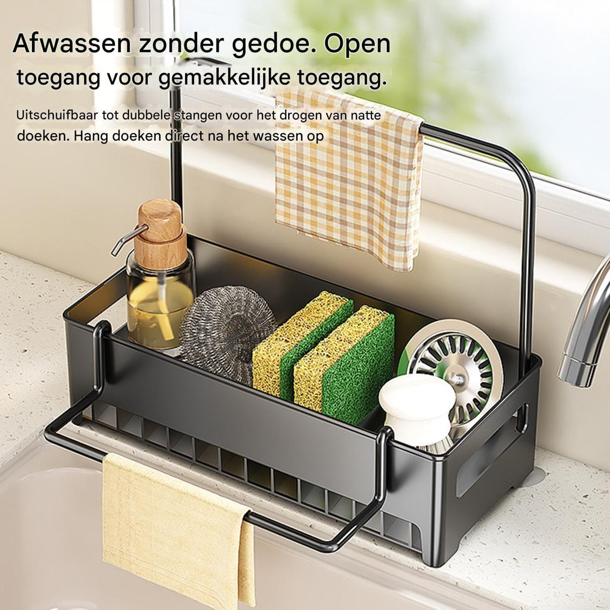 Sink Organizer with Towel Rack - Sponge Holder Kitchen - Countertop Storage Rack - For Sponges & Brushes