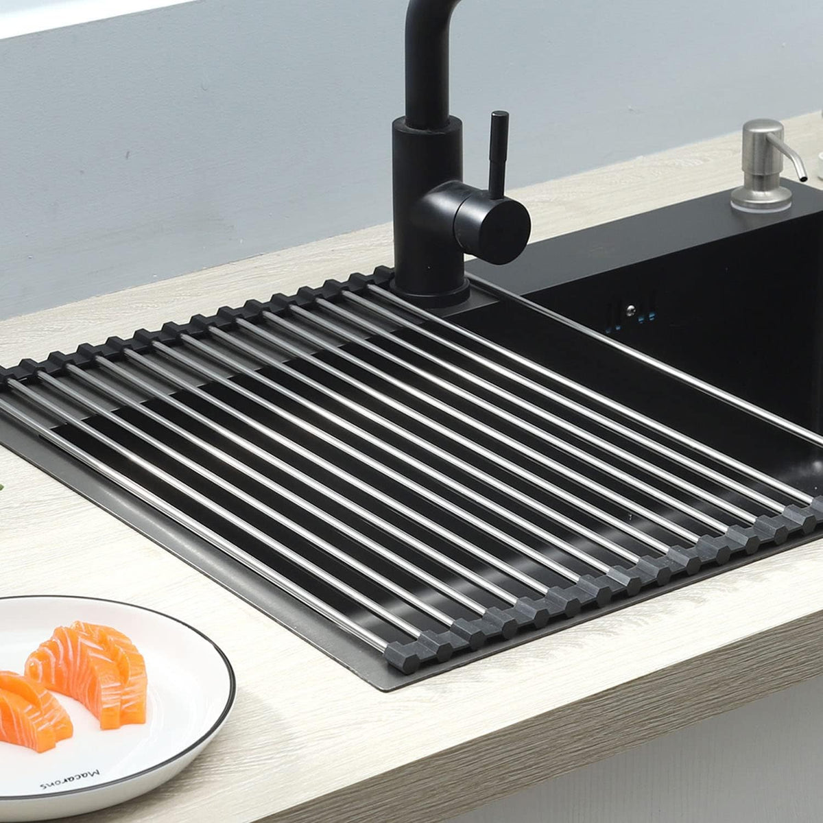 Roll-up Dish Draining Rack Black - 43 x 35 cm - Sink Roll Mat - Draining Grid for Dishes &amp; Vegetables