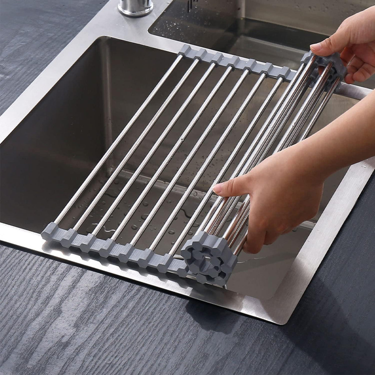 Roll-up Dish Draining Rack Grey - 43 x 35 cm - Sink Roll Mat - Draining Grid for Dishes &amp; Vegetables