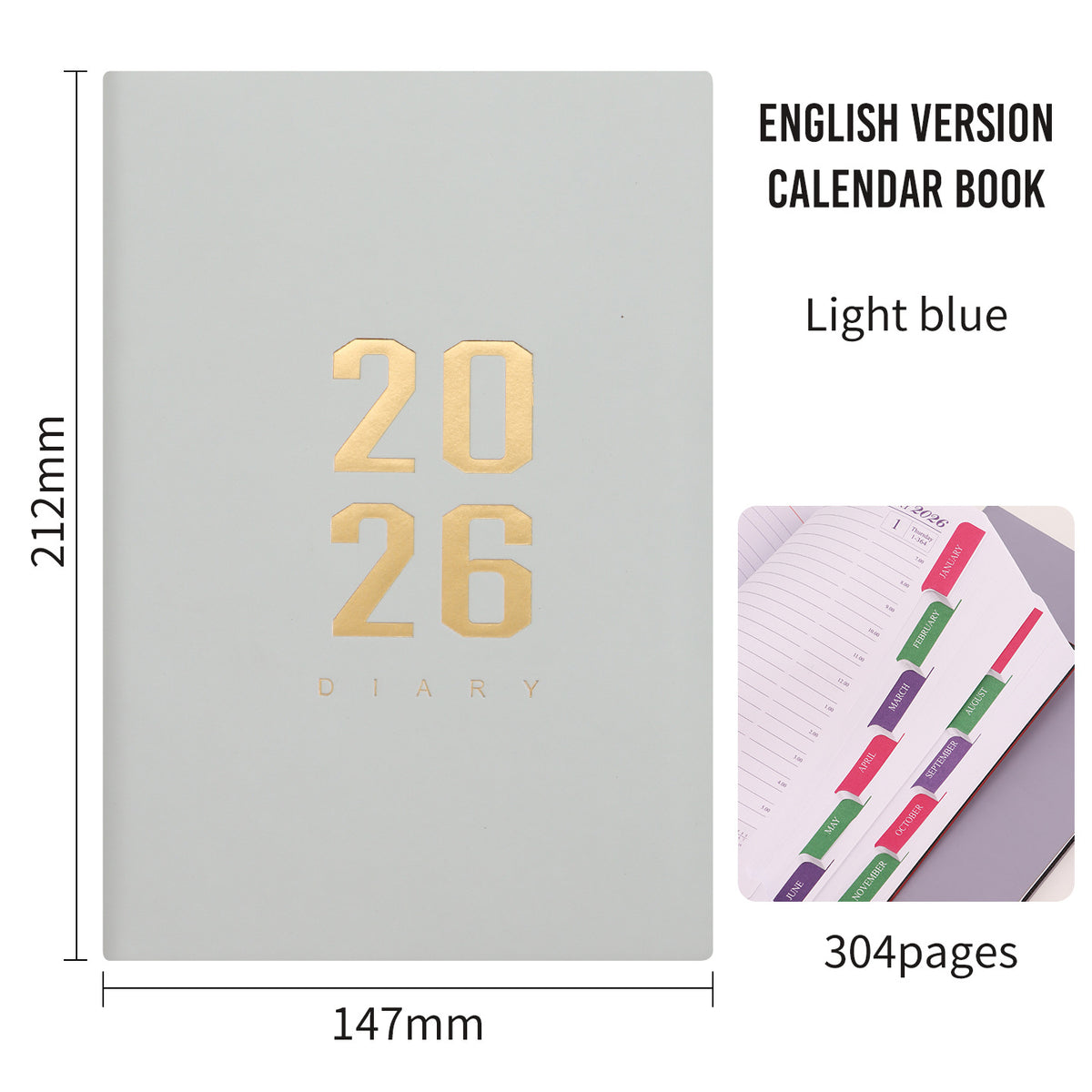 2026 Agenda - Daily Agenda - A5 Format - 1 Day per Page - 304 Pages - [light blue] - Hardcover