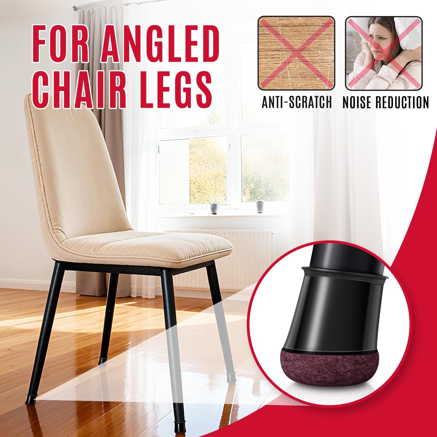 Black Chair Leg Caps - Set of 24 - Size L - Silicone Floor Protectors - Against Scratches and Noise