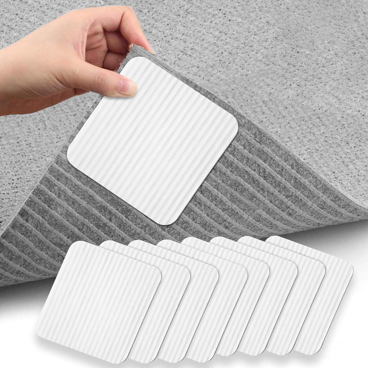 Rug Stoppers Square - Set of 8 - 10 x 10 cm - Anti-Slip Pads for Carpet - Washable &amp; Reusable - White
