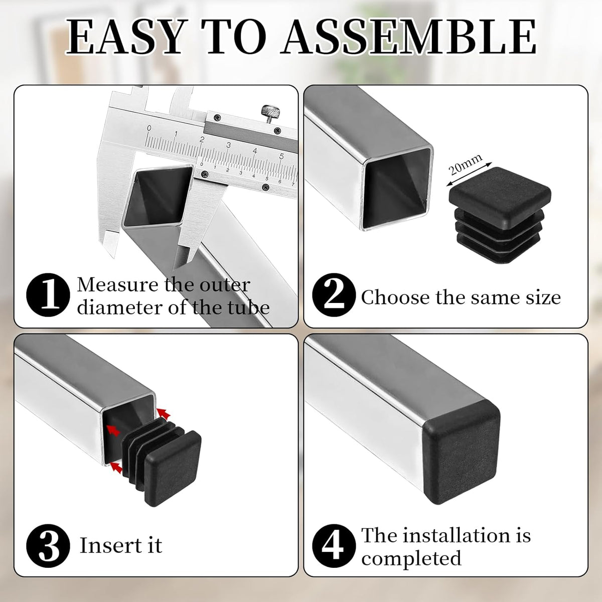 Square Tube Caps 20x20 mm - Set of 30 - Black - Insert Caps for Furniture & Chairs
