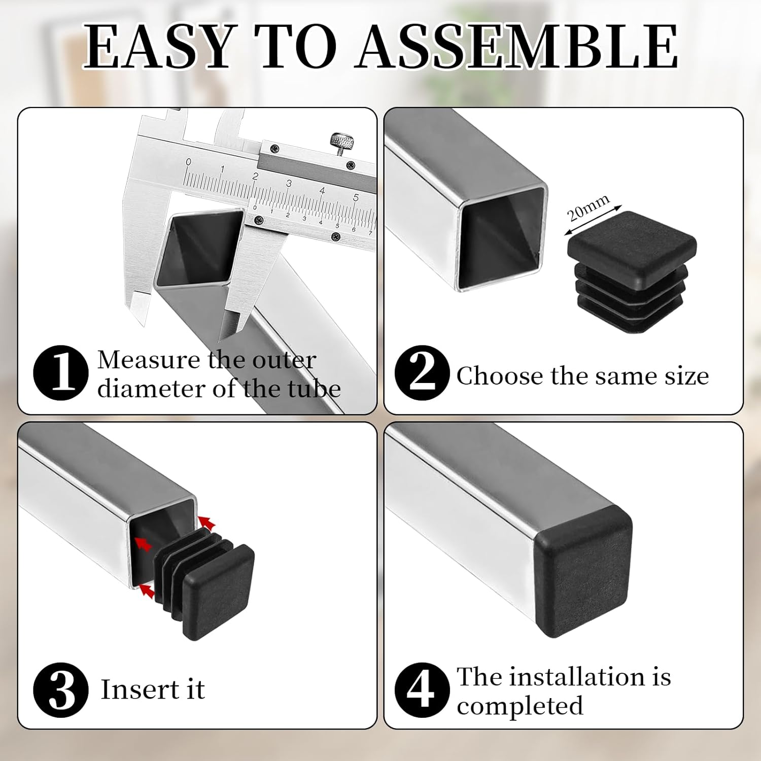 Square Tube Caps 20x20 mm - Set of 30 - Black - Insert Caps for Furniture & Chairs