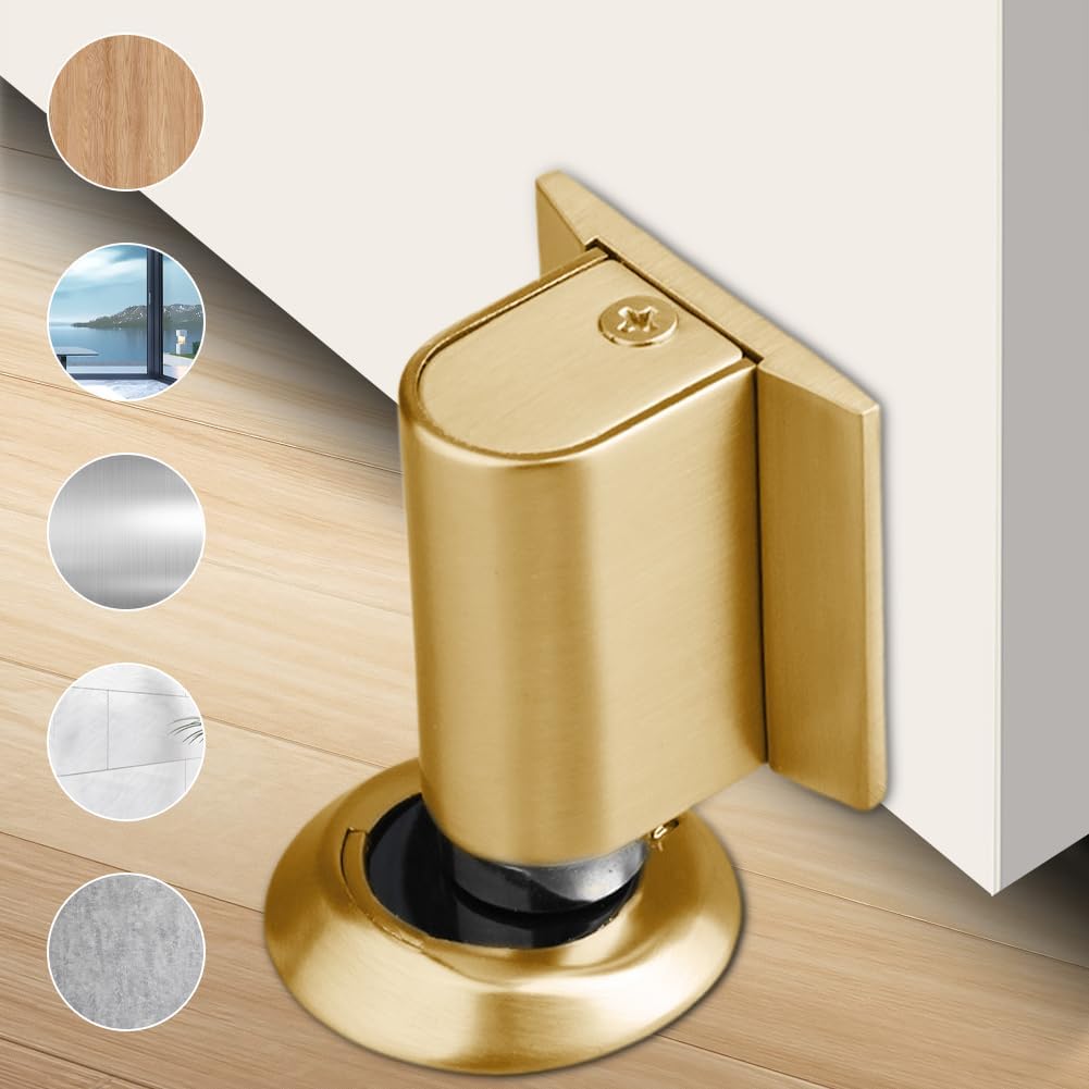 Magnetic Door Stopper Floor Gold - No Drilling - Self-Adhesive - Metal - Including Raising Disc
