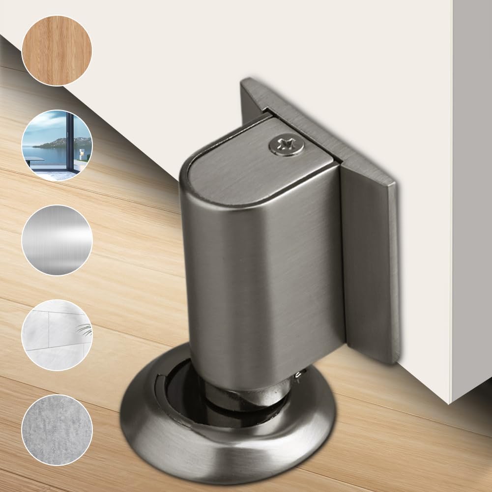 Magnetic Door Stopper Floor Gray - No Drilling - Self-adhesive - Metal - Including Raising Disc