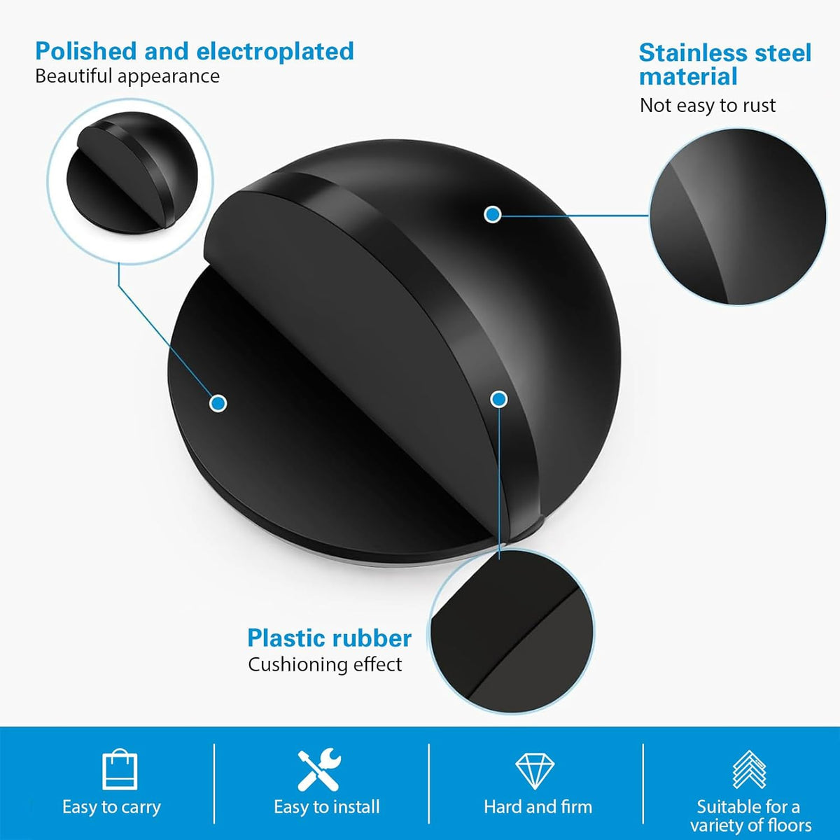 Door Stopper Floor Half Moon - Set of 2 - Black - Self-adhesive - No Drilling - Stainless Steel