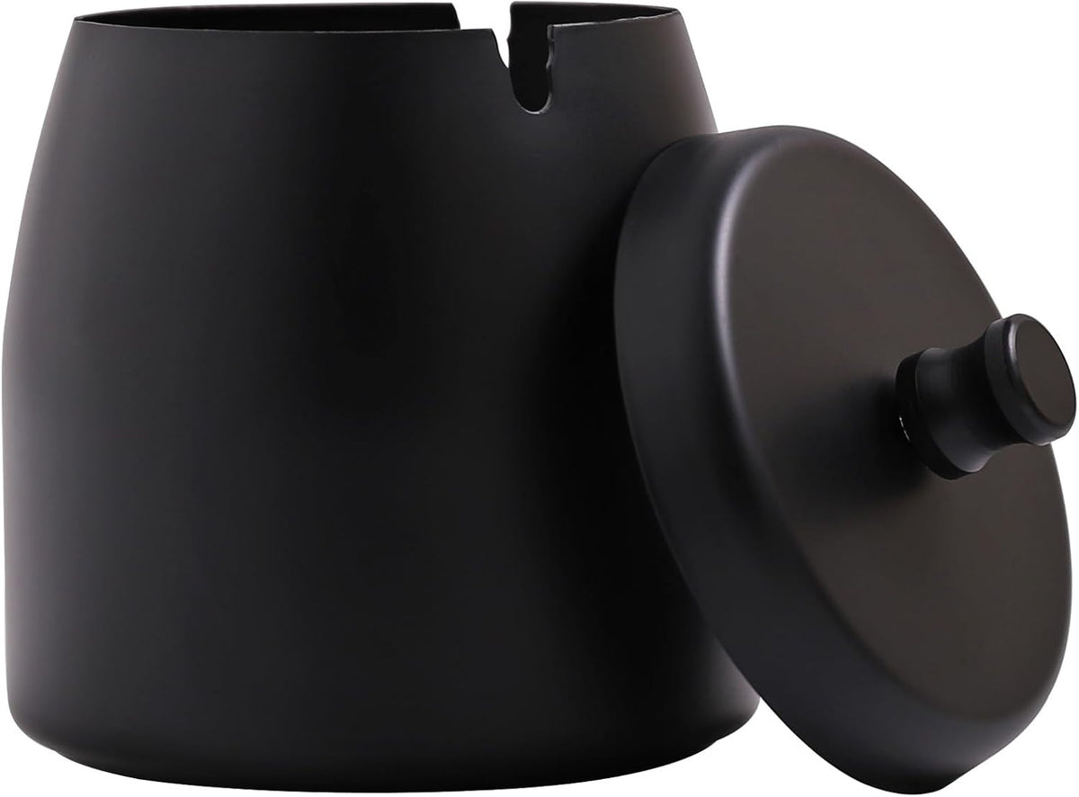 Stainless Steel Ashtray with Lid - Black - Ø 10 cm - Wind Ashtray for Outdoor &amp; Indoor Use - Storm Ashtray