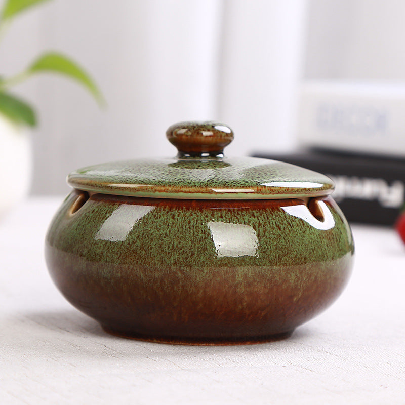 Ceramic Ashtray with Lid - Retro Green/Brown - Wind Ashtray for Outdoor & Indoor Use - Glazed Earthenware