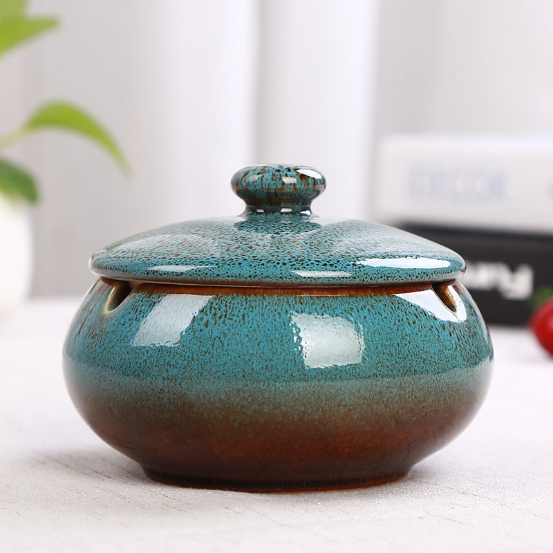 Ceramic Ashtray with Lid - Blue - Wind Ashtray for Outdoor &amp; Indoor Use - Glazed Earthenware