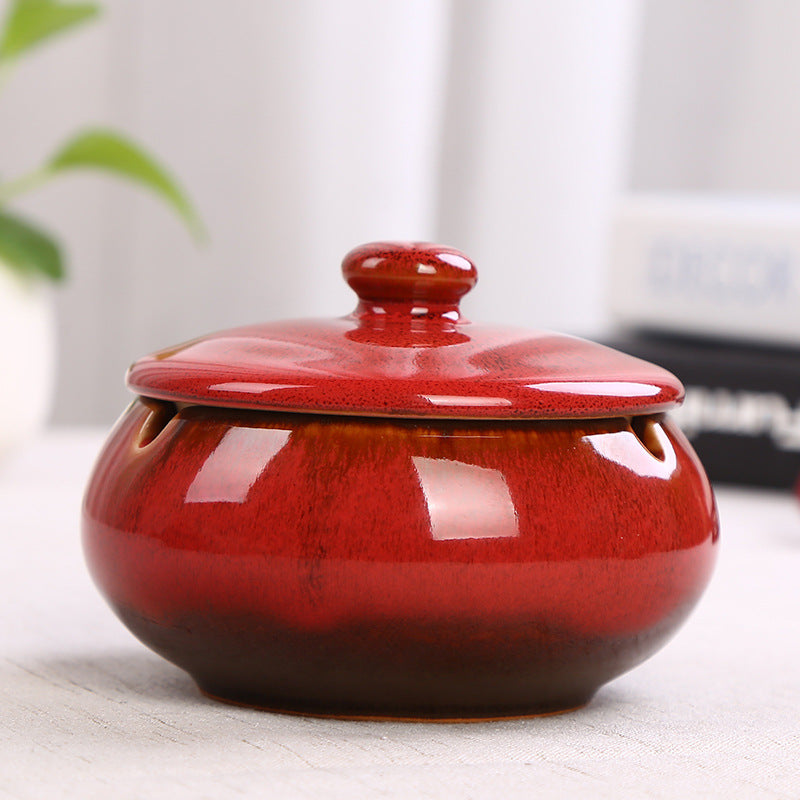 Ceramic Ashtray with Lid - Red - Wind Ashtray for Outdoor & Indoor Use - Glazed Earthenware