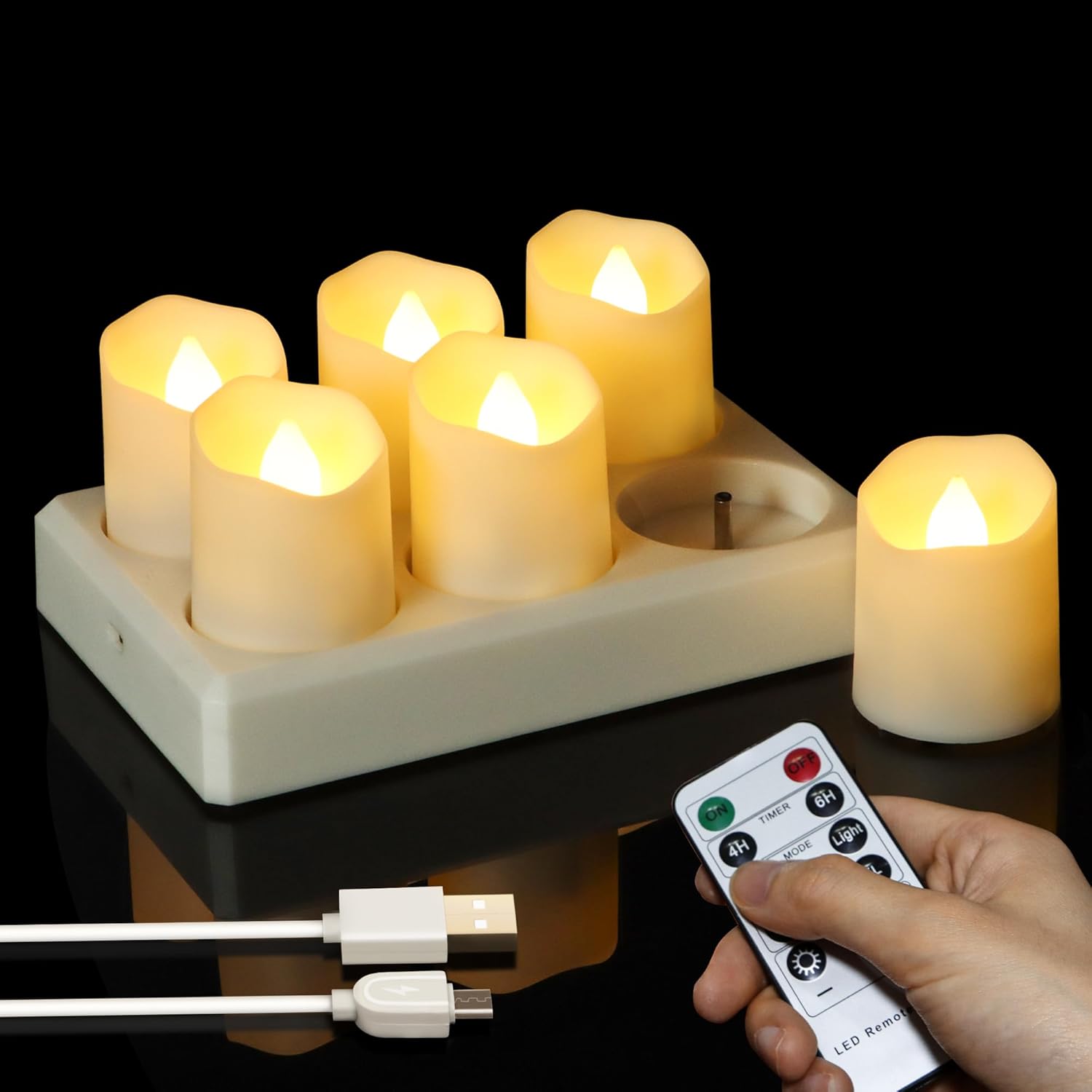 Rechargeable Tea Lights (6 Pieces) - With Charging Station and Timer - Flickering Flame - LED Candles for Parties & Decoration - White