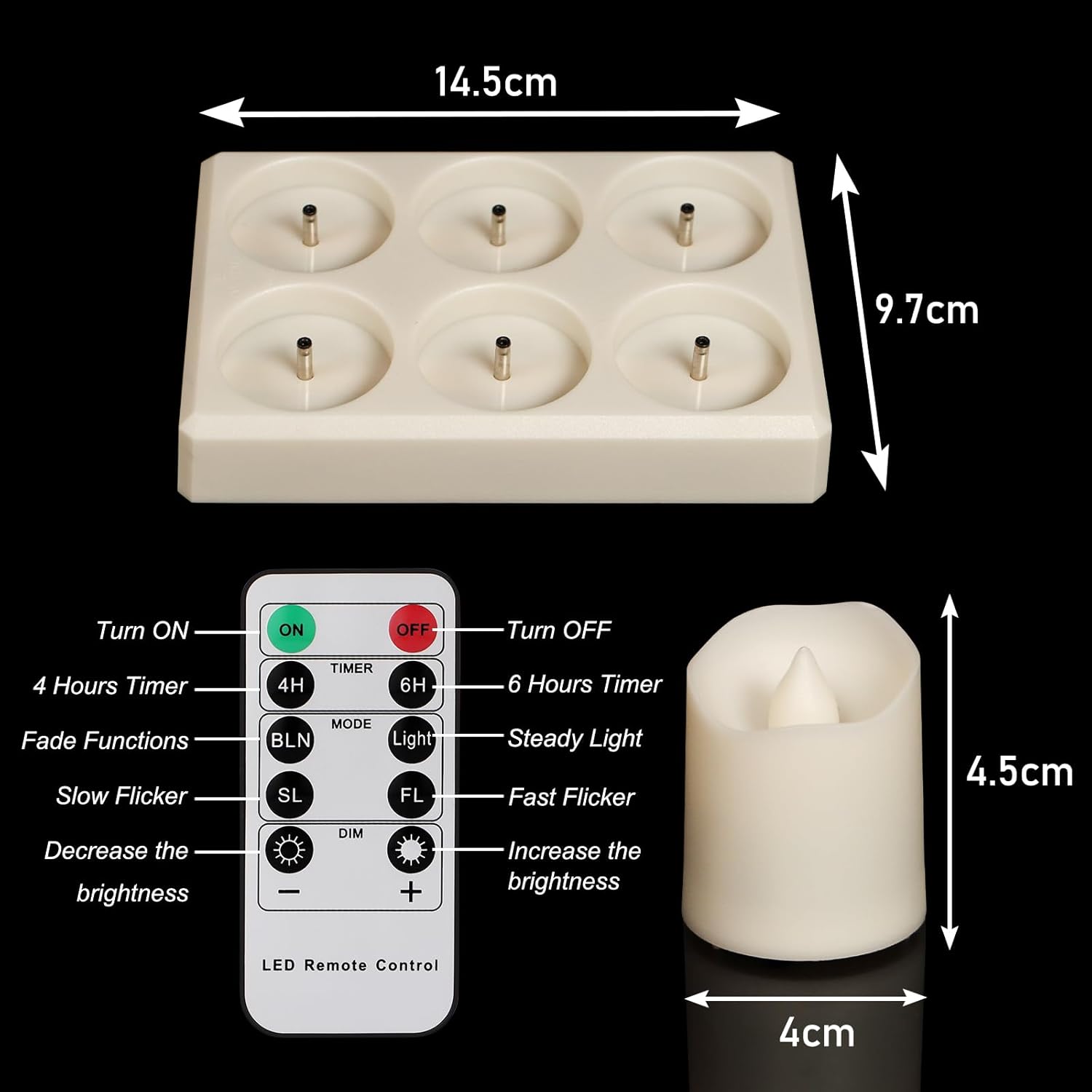 Rechargeable Tea Lights (6 Pieces) - With Charging Station and Timer - Flickering Flame - LED Candles for Parties & Decoration - White