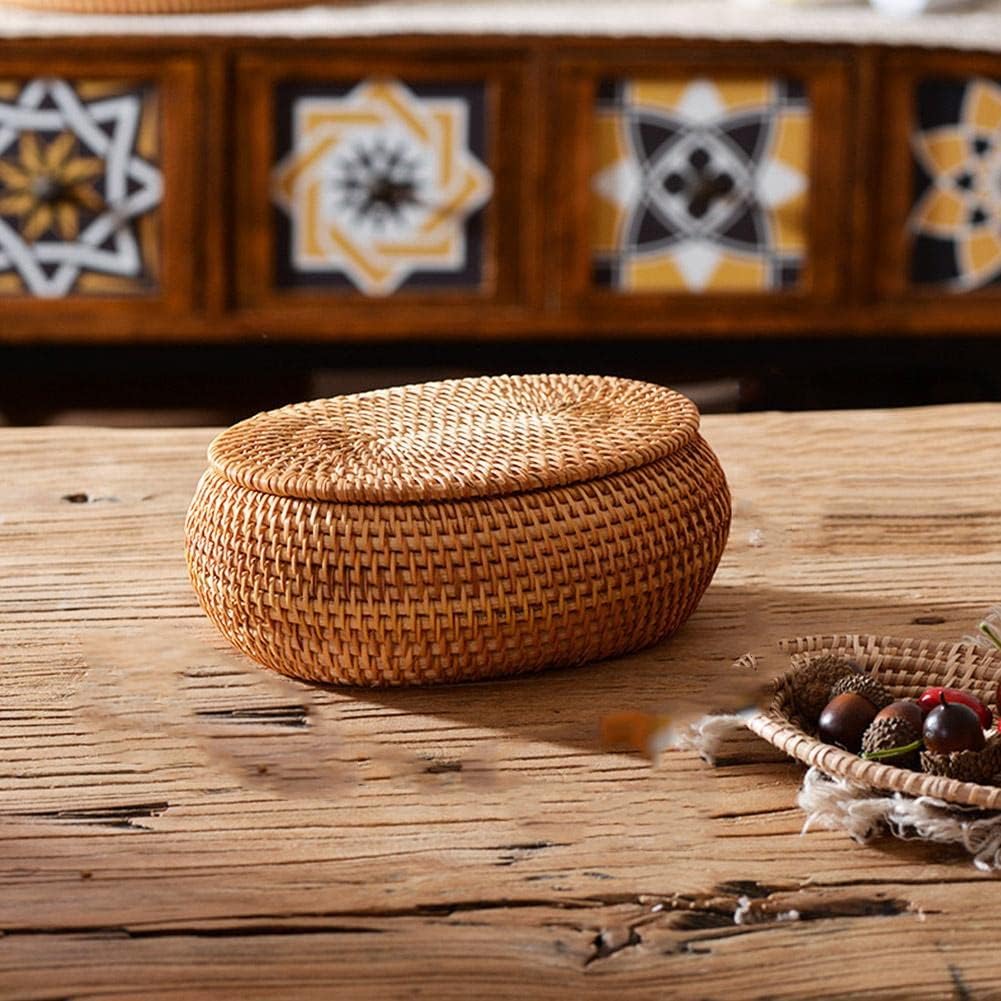 Tea Box - Rattan Storage Box - Hand-woven Storage Box with Lid - Multifunctional Desk Storage Basket - Suitable for home, farmhouse, kitchen, bathroom, picnic, storing food, bread, fruits and other tableware.