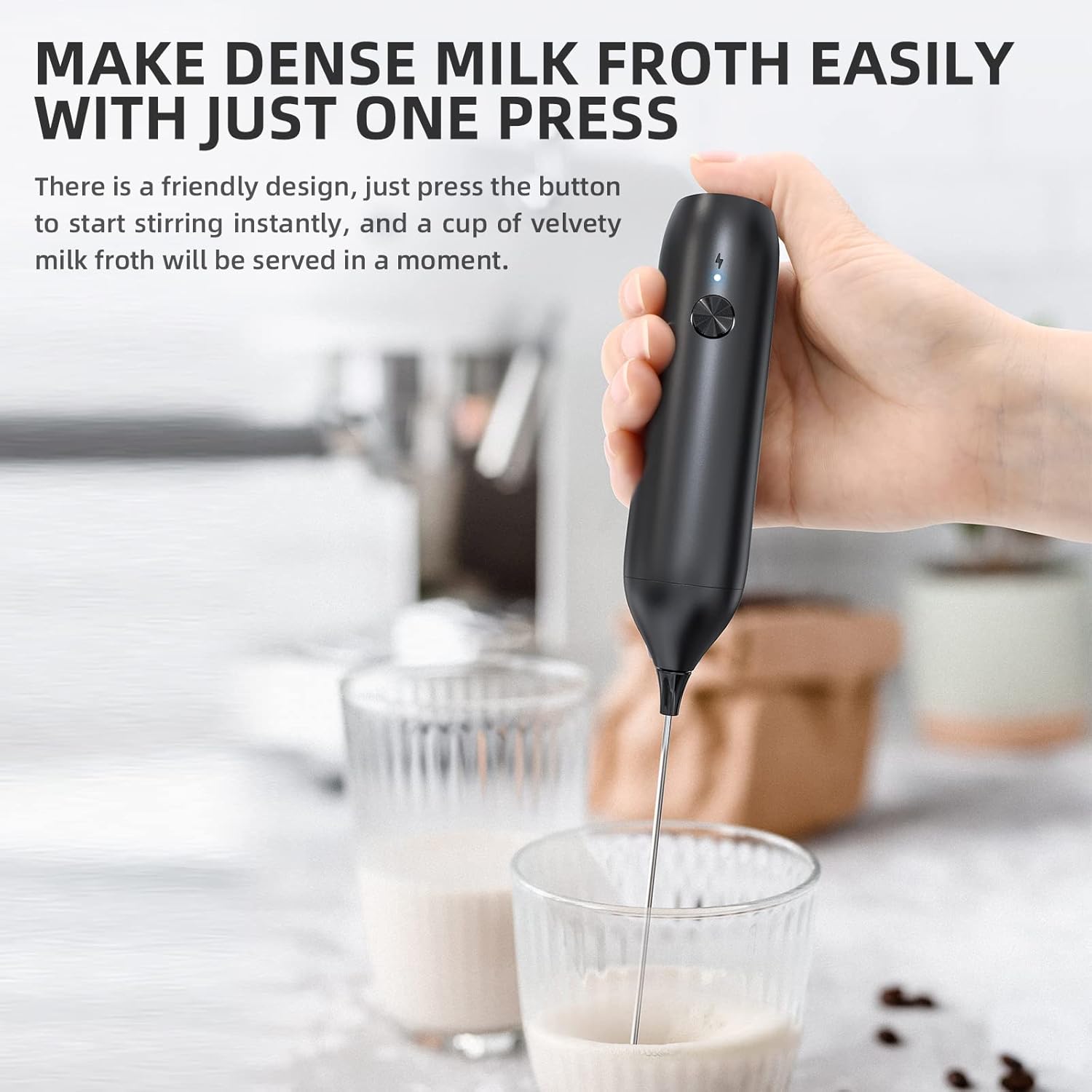 Milk Frother - Electric Hand Milk Frother - Rechargeable Mini Beverage Blender - Hand Milk Frother - With Stainless Steel Blender - Suitable for Milk, Coffee, Latte, Matcha, Black