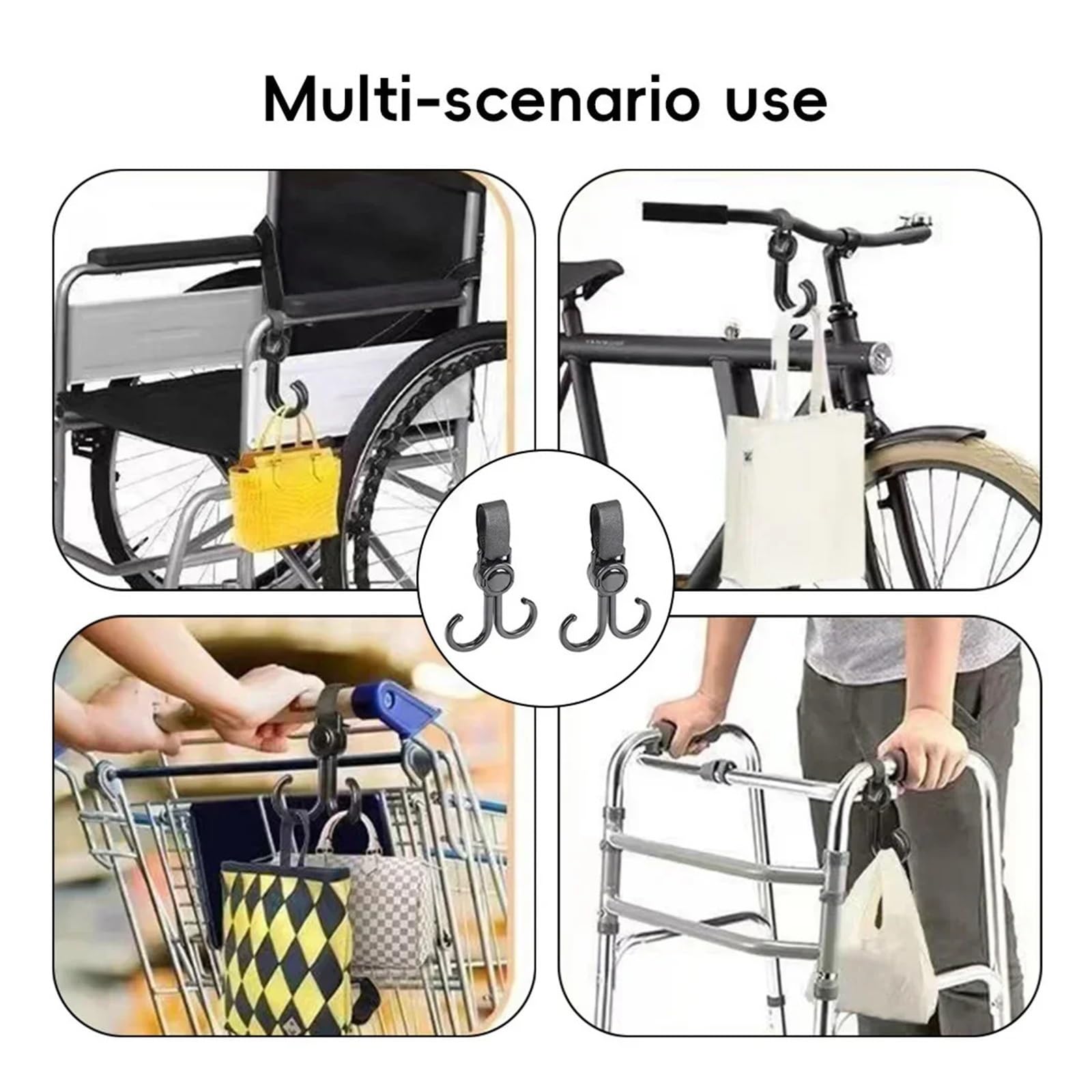 Stroller Hooks - Buggy Hooks - Bag Hooks - Diaper Bag Hooks - Walker Hooks - Stroller Accessories - Mounting Clips - Shopping Hook - Universal Velcro - 360 Degree Rotatable - Black - 4 Pieces