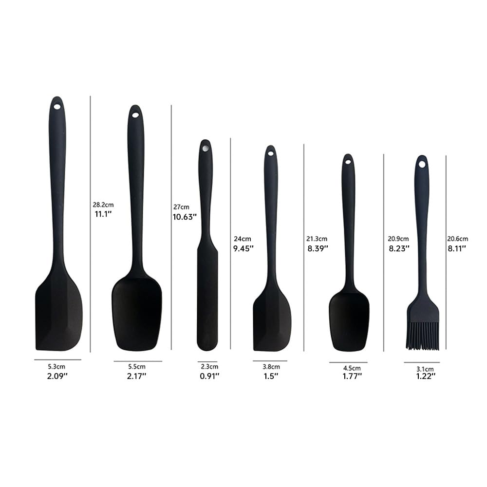 Kitchen Utensils Set - Spatula Set - Silicone Spatulas - Pan Scraper - Baking Utensils - Cooking Utensils - Kitchen Accessories - Pastry Brush - Baking Utensils - Pan Scrapers - Silicone Spoon - Pan Scraper Set - Heat Resistant - Black - 6 Pieces