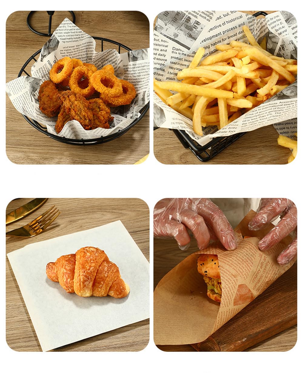 Silicone baking paper wax paper - for cooked food, 100 sheets square kraft paper for absorbing oil, newspaper for sandwich and food baskets, suitable for cakes, bread, fries, pizza, hamburgers, hot dogs