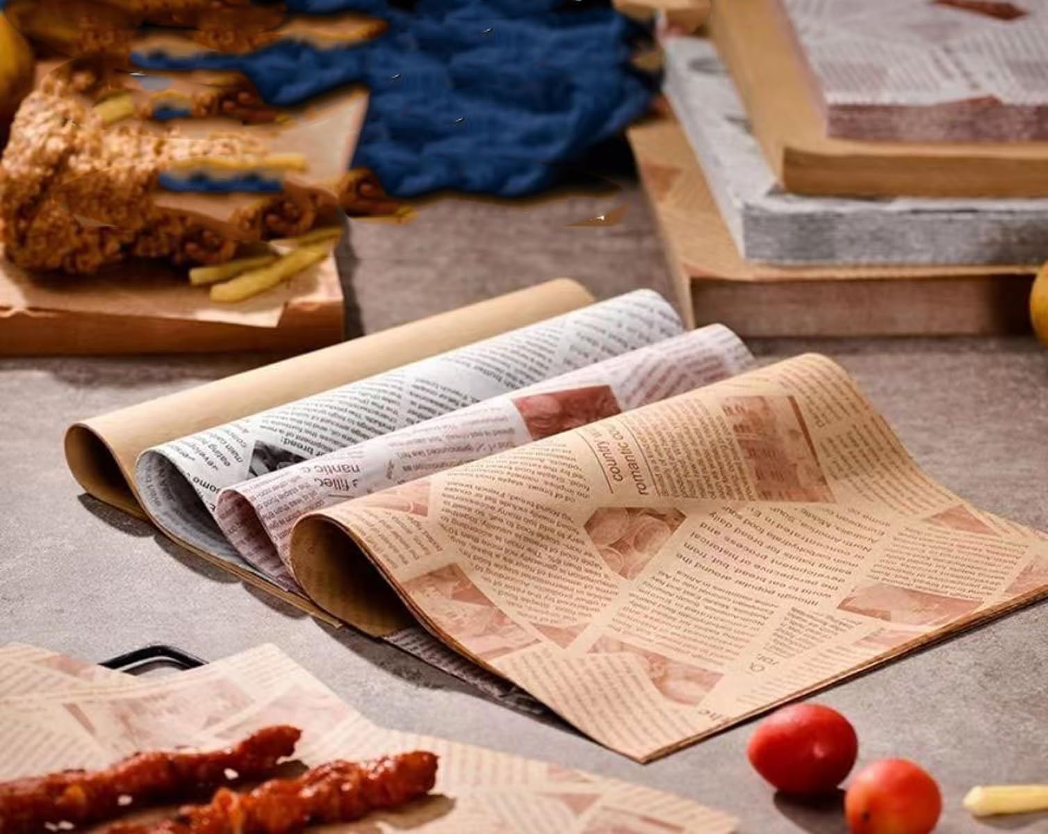 Silicone baking paper wax paper - for cooked food, 100 sheets square kraft paper for absorbing oil, newspaper for sandwich and food baskets, suitable for cakes, bread, fries, pizza, hamburgers, hot dogs