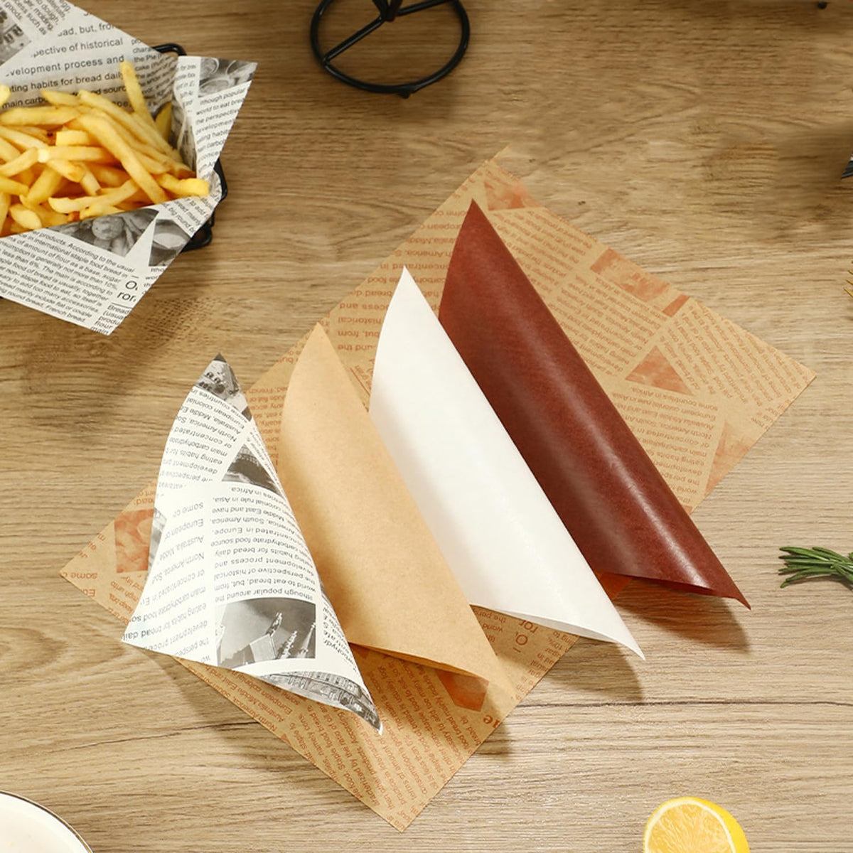 Silicone baking paper wax paper - for cooked food, 100 sheets square kraft paper for absorbing oil, newspaper for sandwich and food baskets, suitable for cakes, bread, fries, pizza, hamburgers, hot dogs