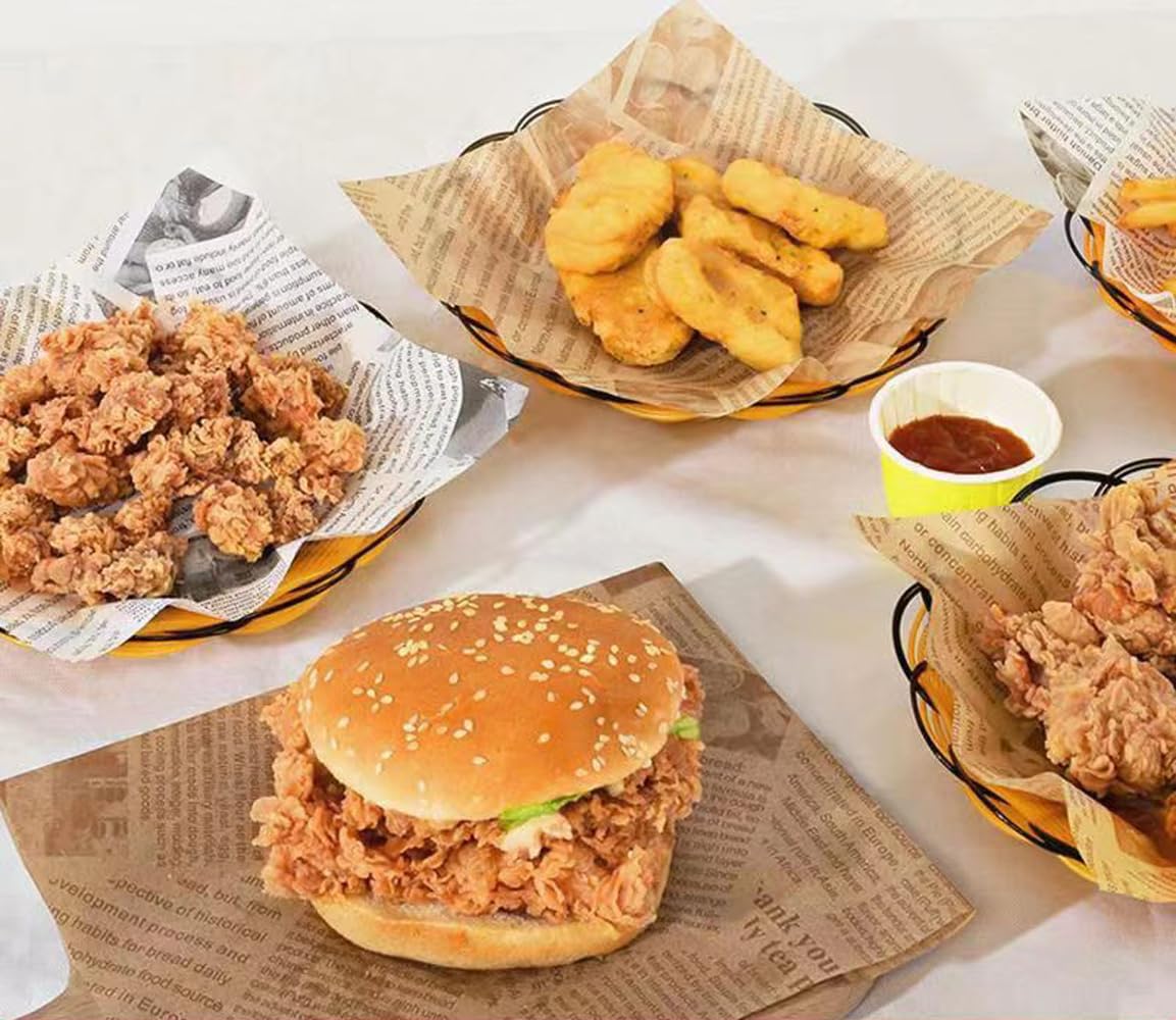 Silicone baking paper wax paper - for cooked food, 100 sheets square kraft paper for absorbing oil, newspaper for sandwich and food baskets, suitable for cakes, bread, fries, pizza, hamburgers, hot dogs