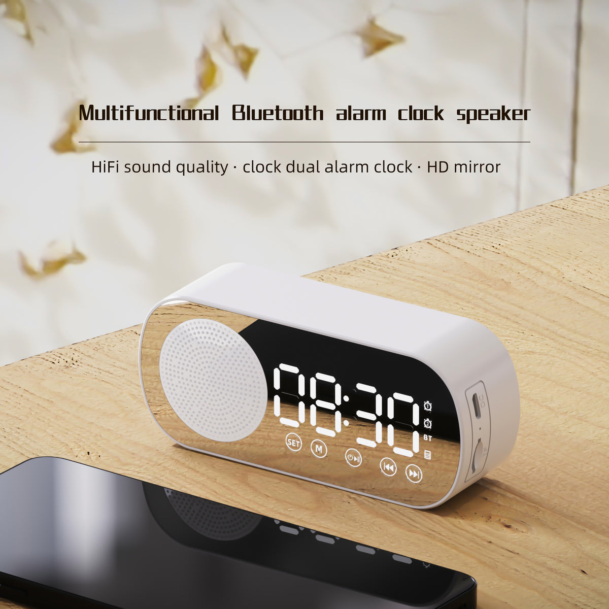 Alarm clock radio - mains powered alarm clock radio - child's alarm clock - digital alarm clocks - analog alarm clock - digital alarm clock - digital bedroom alarm clock - Bluetooth speaker - speaker - mirror with light - portable radio - Black - 1 piece