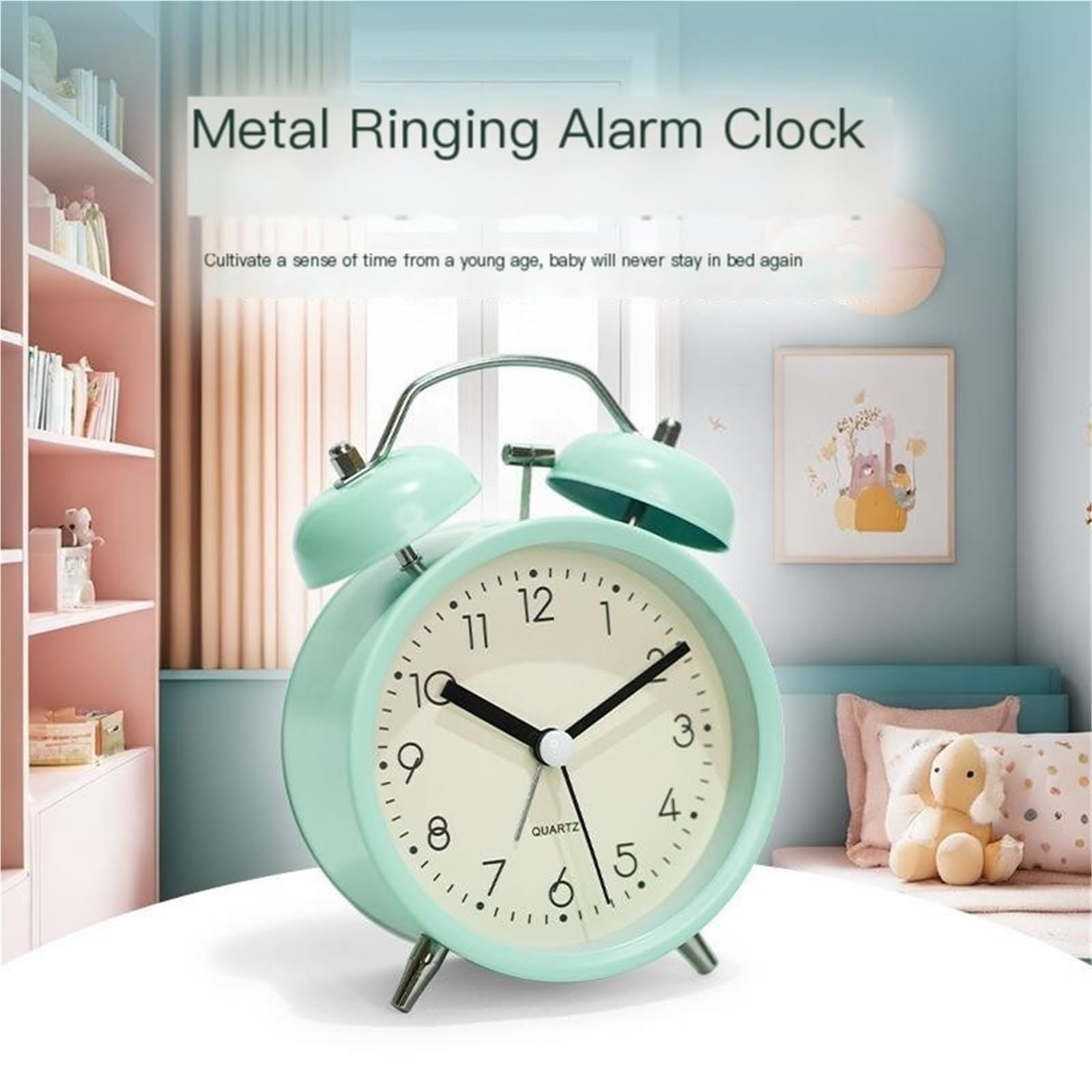 Children's alarm clock - Silent alarm clock with loud mechanical bell - Night light and metal hand - Compact desk clock for bedroom, student house and office