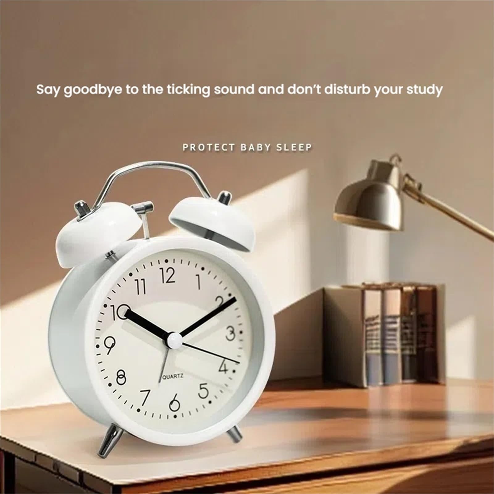 Children's alarm clock - Silent alarm clock with loud mechanical bell - Night light and metal hand - Compact desk clock for bedroom, student house and office