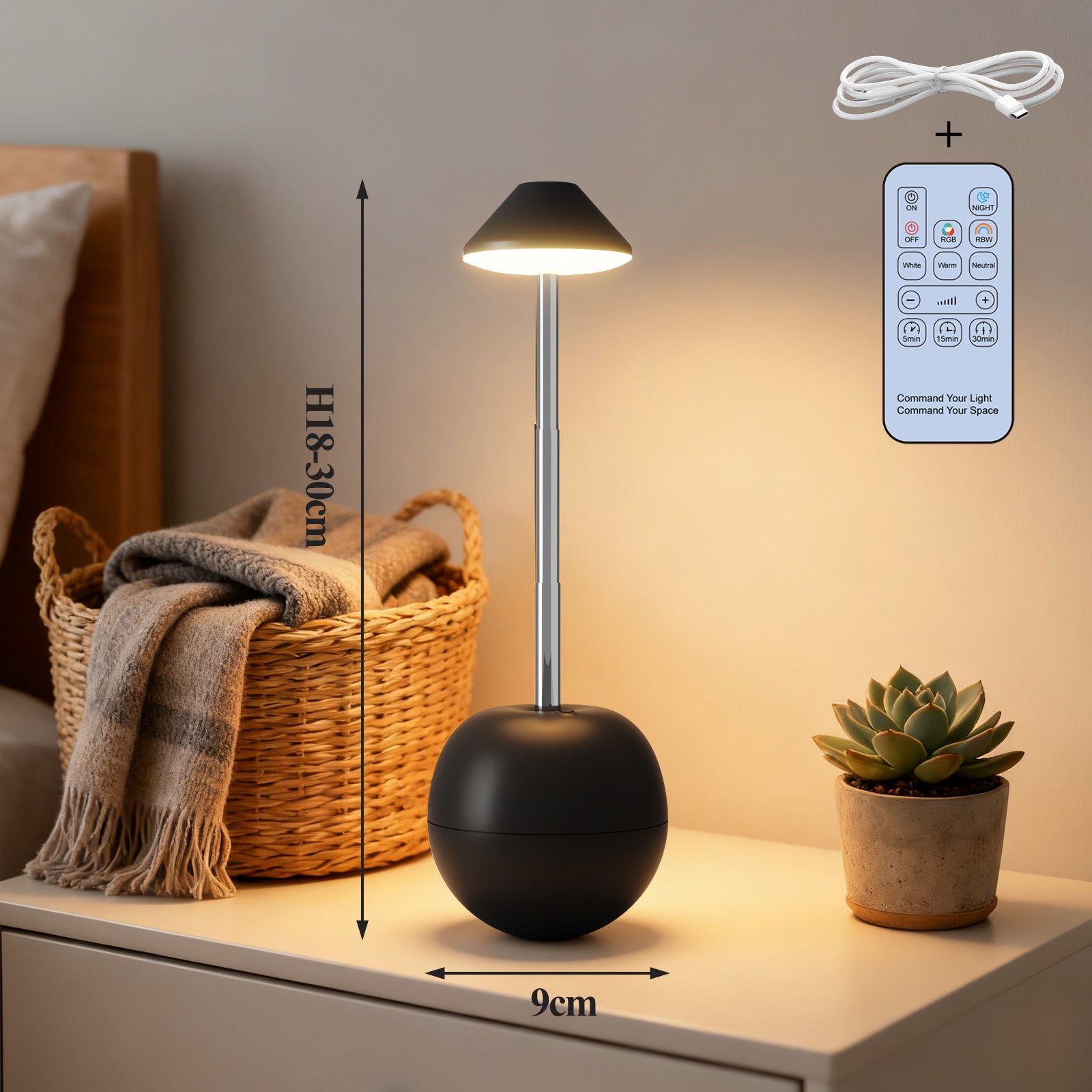 Desk lamp – rechargeable LED night light, bright bedside lamp, table lamp, mood light with remote control. Suitable for children and adults.