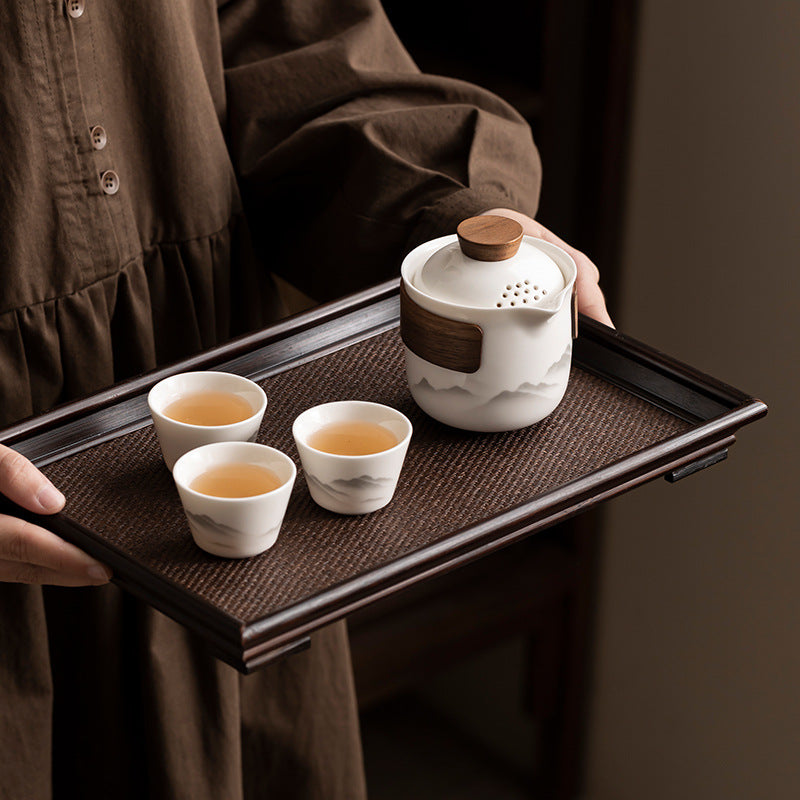 Travel Tea Set - Tea Set - Teapot - Teacups - Ceramic - Kung Fu - Camping - Outdoor - Travel - Including Travel Bag - 4 Pieces - Gift - White