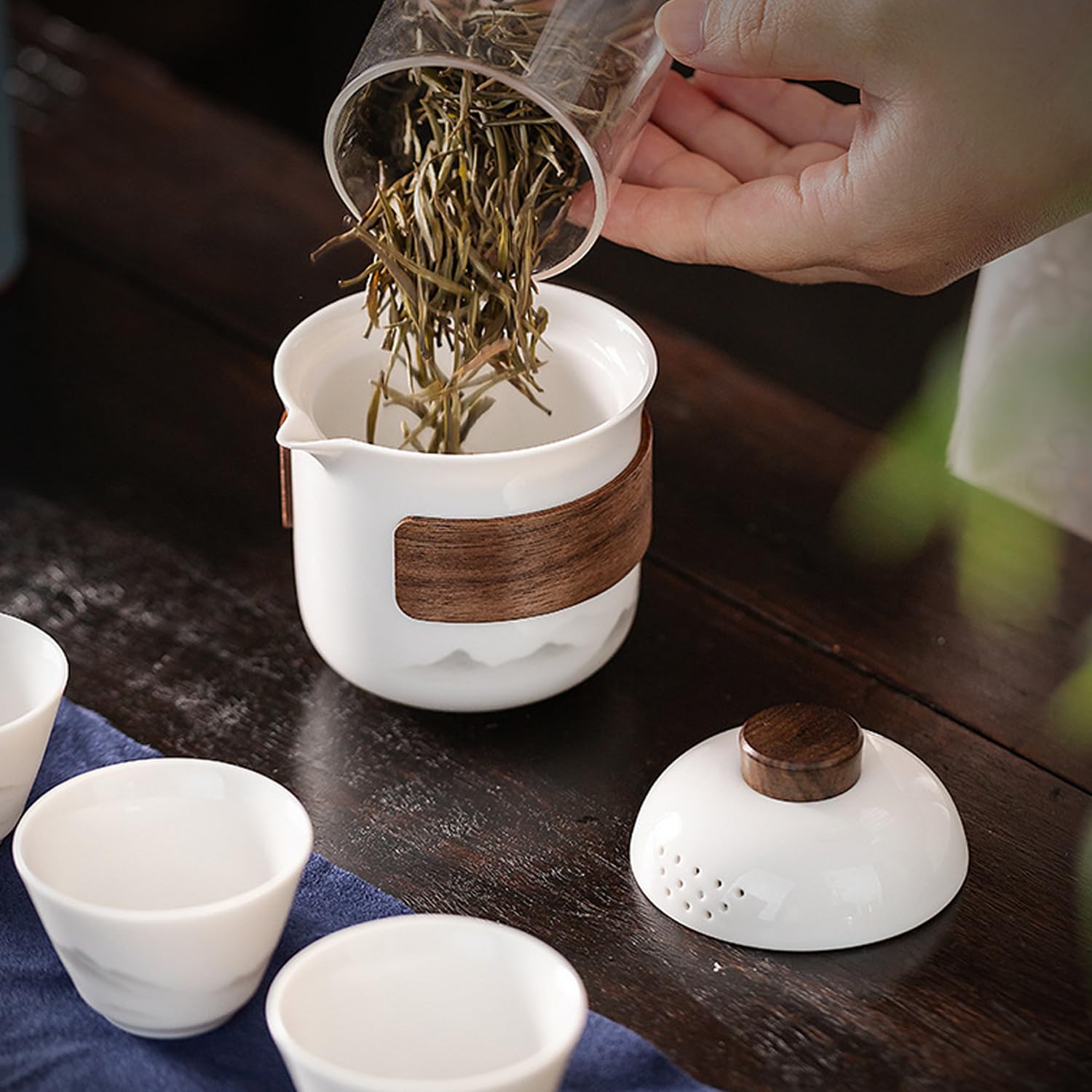 Travel Tea Set - Tea Set - Teapot - Teacups - Ceramic - Kung Fu - Camping - Outdoor - Travel - Including Travel Bag - 4 Pieces - Gift - White