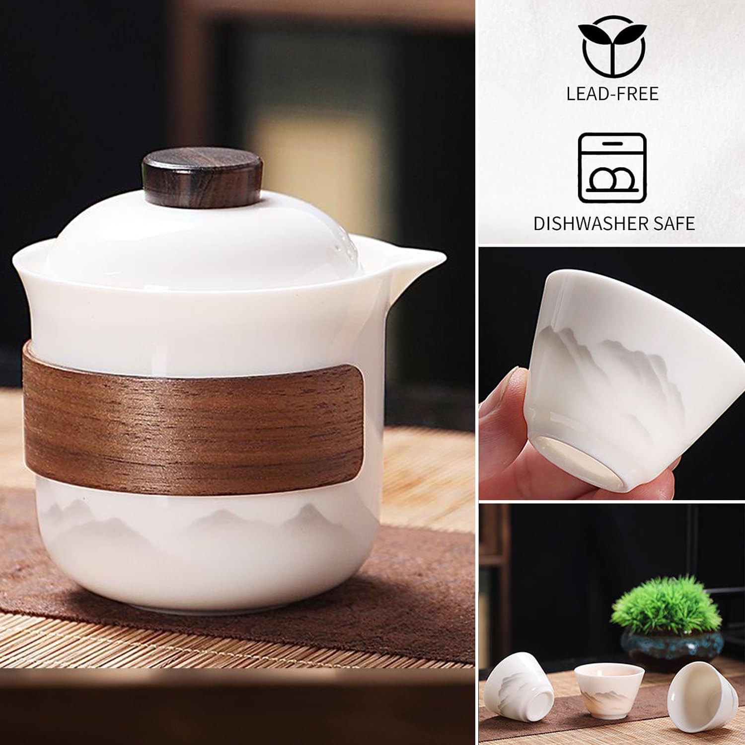 Travel Tea Set - Tea Set - Teapot - Teacups - Ceramic - Kung Fu - Camping - Outdoor - Travel - Including Travel Bag - 4 Pieces - Gift - White