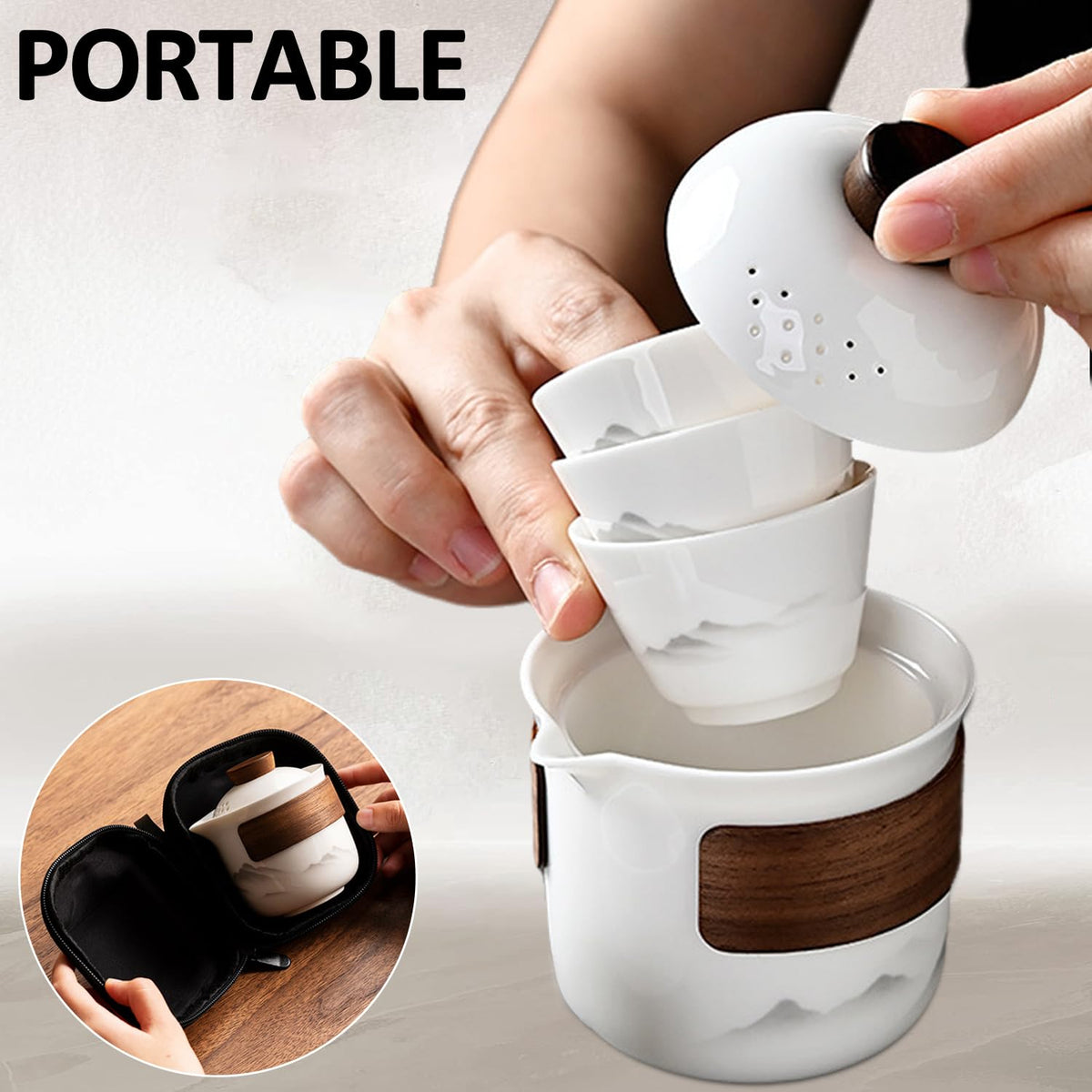 Travel Tea Set - Tea Set - Teapot - Teacups - Ceramic - Kung Fu - Camping - Outdoor - Travel - Including Travel Bag - 4 Pieces - Gift - White