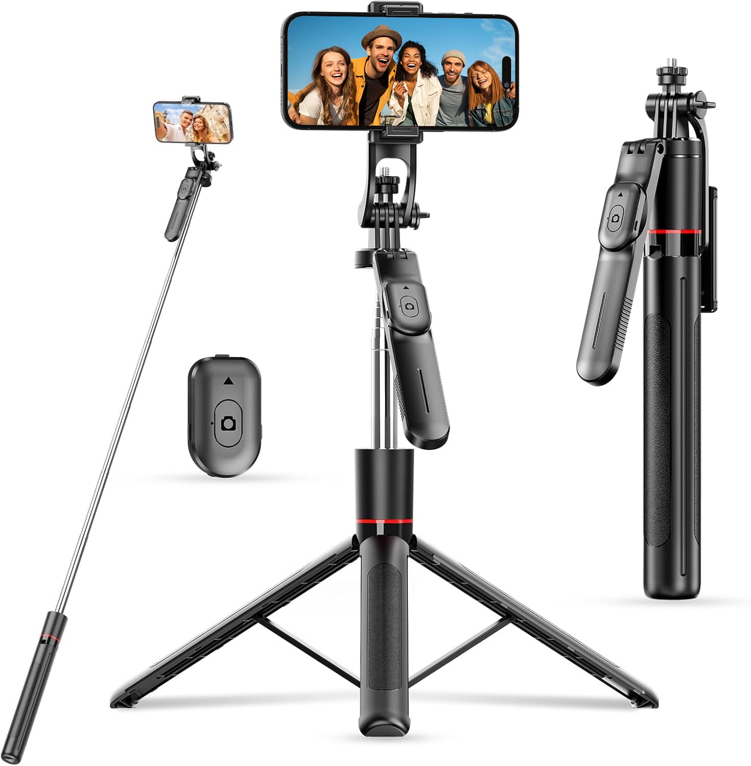 Selfie Stick - Tripod - Phone Tripod - Bluetooth - With Remote Control - Extendable - Wireless - 3 in 1 - Smartphone Holder - Vlogging - Black - 1 piece