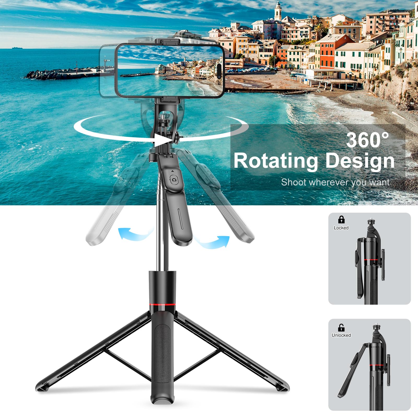 Selfie Stick - Tripod - Phone Tripod - Bluetooth - With Remote Control - Extendable - Wireless - 3 in 1 - Smartphone Holder - Vlogging - Black - 1 piece