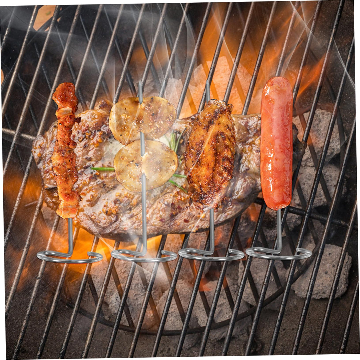 BBQ Skewers - Meat Pins - Satay Sticks Stainless Steel - Barbecue Accessories - Shashlik Skewers - Grill Skewers - Kebab Skewers - Reusable - Stainless Steel - Metal Skewers - 10 pieces