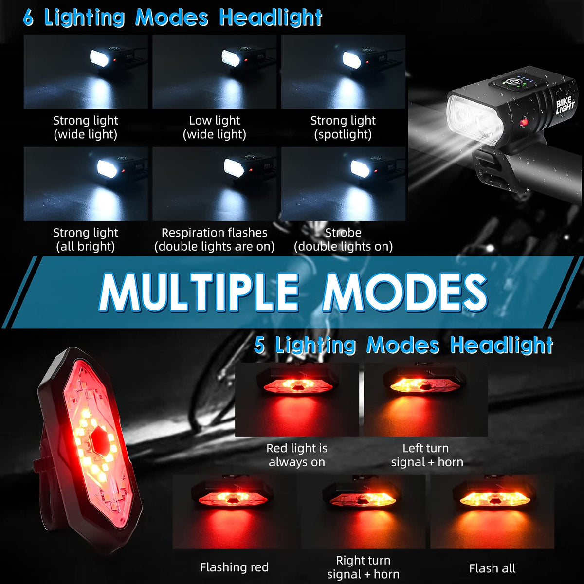 Bicycle Lighting Set - Bicycle Headlight - Rear Light with Turn Signal - USB Rechargeable - Bicycle Lights - LED Lighting - Flashing Light - Waterproof - Wireless Remote Control - MTB Accessories - Road Bike - City Bike - Black - 1 Piece